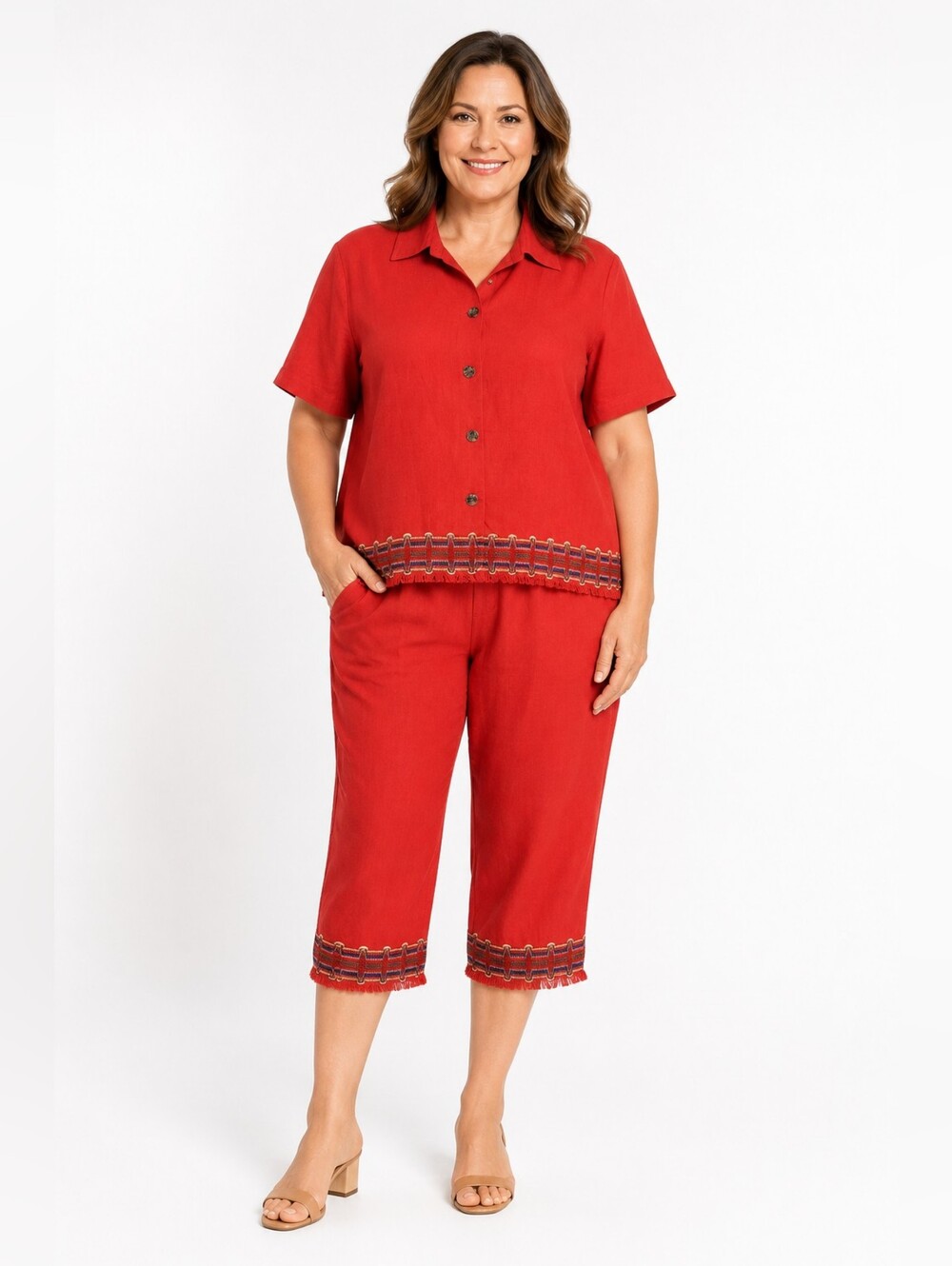VTG Stonebridge 2PC Set Linen Blend Boho Red Capri Pant + Blouse Sz L Old Money
